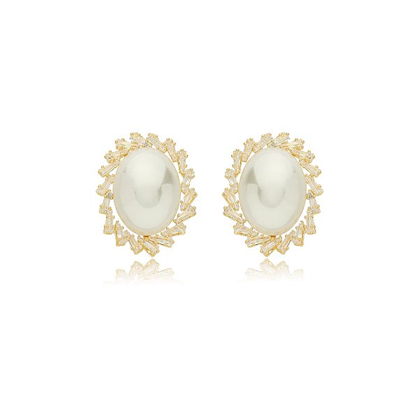 Brinco oval pérola zircônia ouro semijoia BA 5657