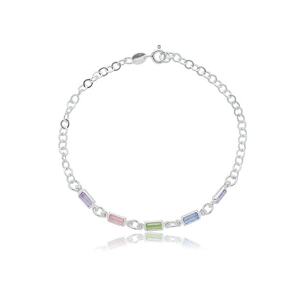 Pulseira corrente cristais coloridos prata 925