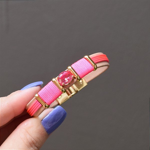 Bracelete Leka couro sintético fio de seda cristal rosa pink