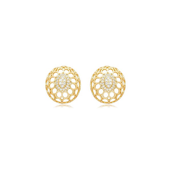 Brinco oval rendado zircônia ouro semijoia