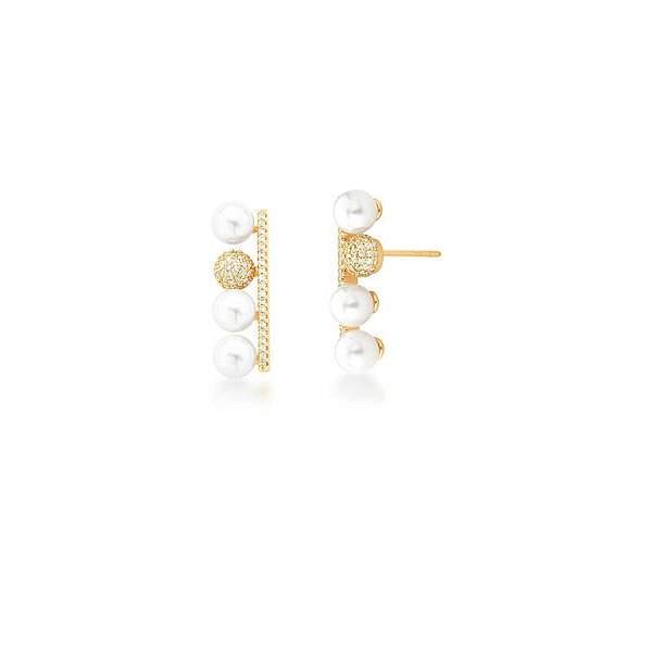 Brinco esfera pérola shell zircônia ouro semijoia