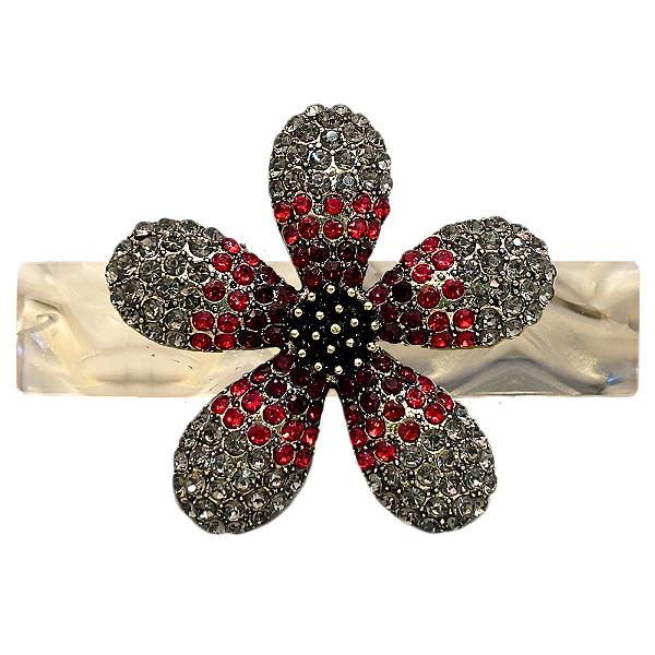 Presilha acetato bege marmorizado flor cristais vermelho