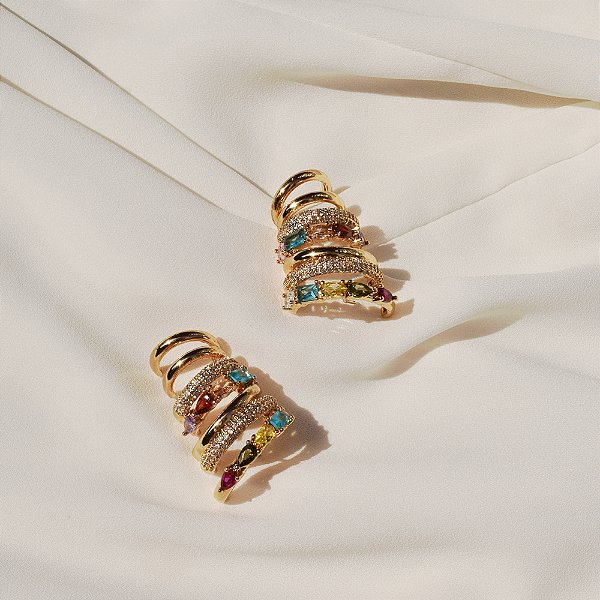 Brinco ear cuff aros zircônia colorida ouro semijoia HY 684