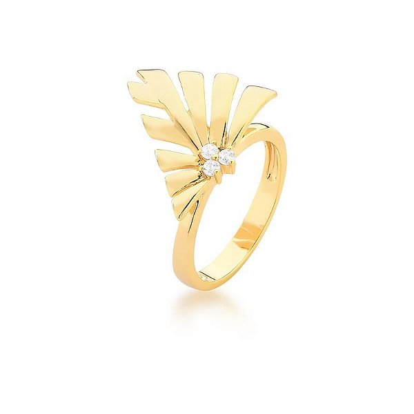 Anel folha liso zircônia ouro semijoia