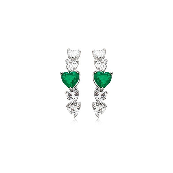 Brinco ear hook corações zircônia verde prata 925