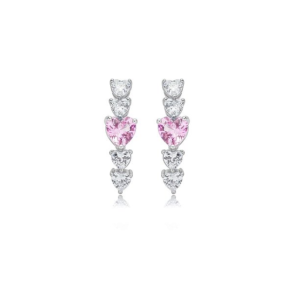 Brinco ear hook corações zircônia roxo prata 925