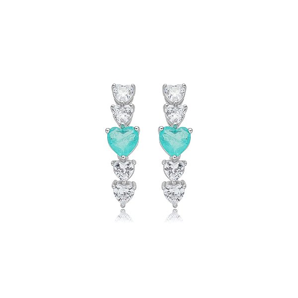 Brinco ear hook corações zircônia turmalina prata 925
