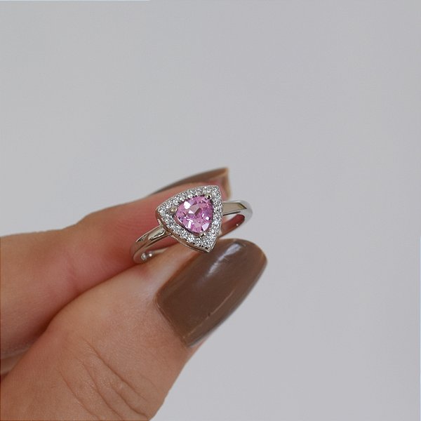 Anel triangular p zircônia rosa prata 925