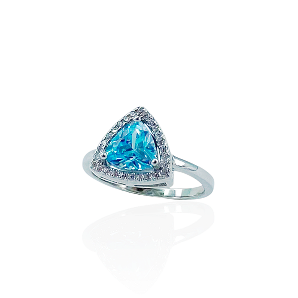 Anel triangular m zircônia azul claro prata 925