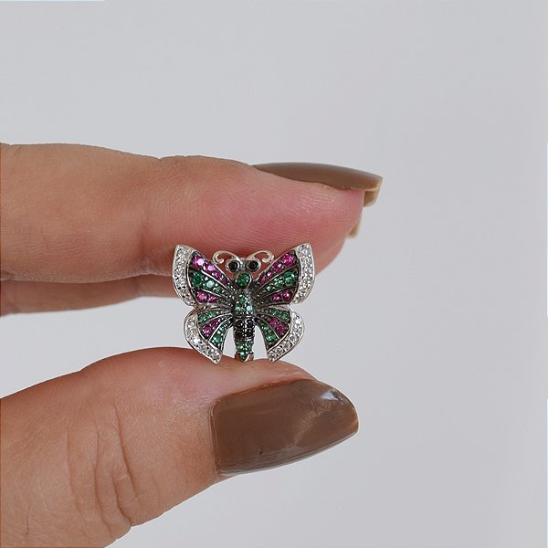 Pingente charm borboleta zircônia pink e verde prata 925