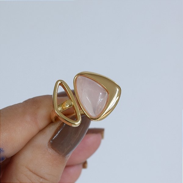 Anel ajustável pedra natural quartzo rosa ouro semijoia