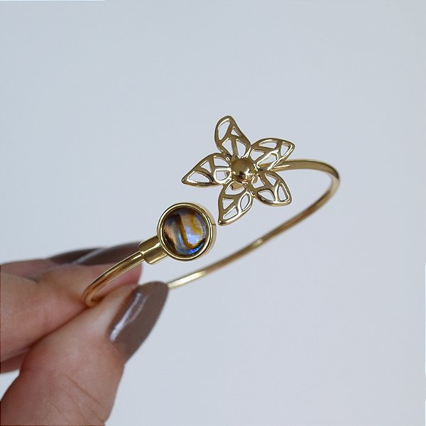 Bracelete ajustável flor pedra natural abalone ouro semijoia