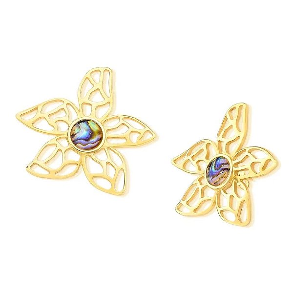 Brinco flor pedra natural abalone ouro semijoia