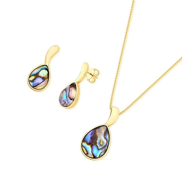 Colar e brinco gota pedra natural abalone ouro semijoia