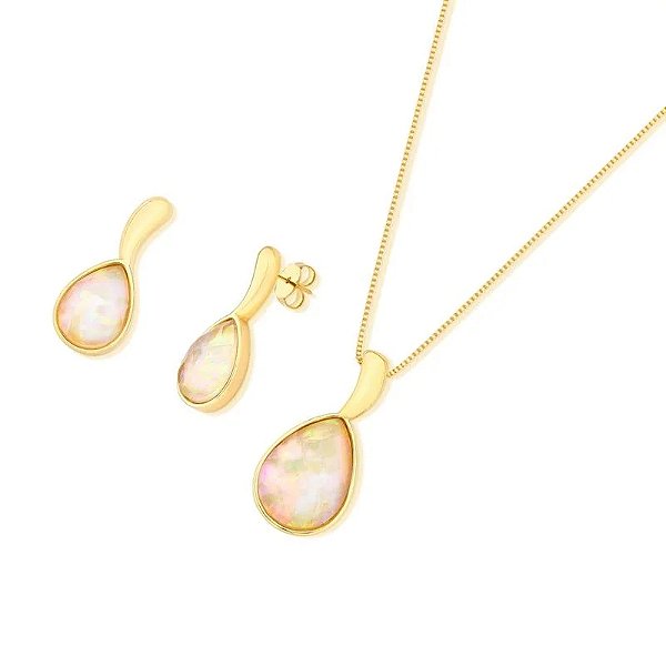 Colar e brinco gota pedra natural nautilus ouro semijoia