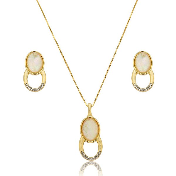 Colar e brinco oval pedra natural nautilus ouro semijoia