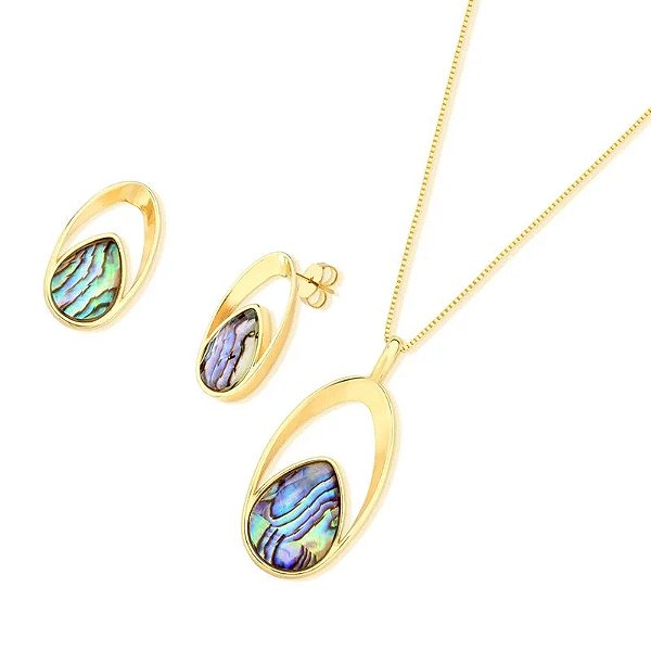 Colar e brinco gota pedra natural abalone ouro semijoia