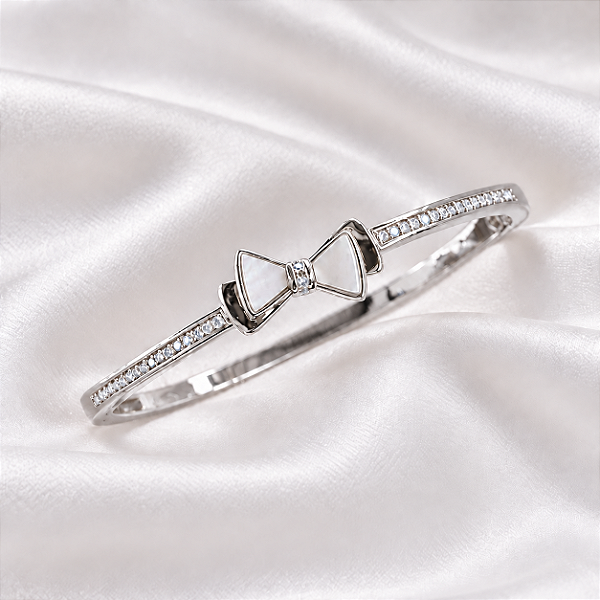 Bracelete Laço Madrepérola Zircônia Ródio Semijoia S1496