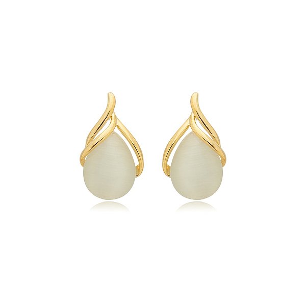 Brinco gota cristal olho de gato ouro semijoia