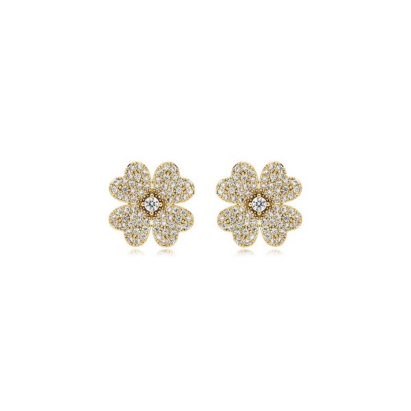Brinco flor trevo zircônia ouro semijoia