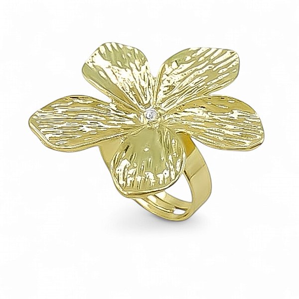Anel ajustável flor cristal ouro semijoia