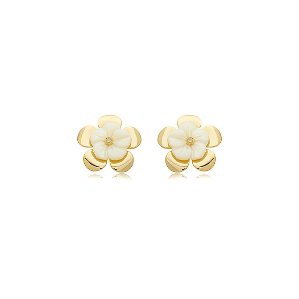 Brinco flor madrepérola zircônia ouro semijoia BA 5843