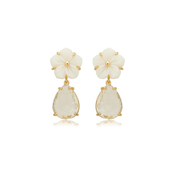 Brinco flor madrepérola gota cristal ouro semijoia BA 5837