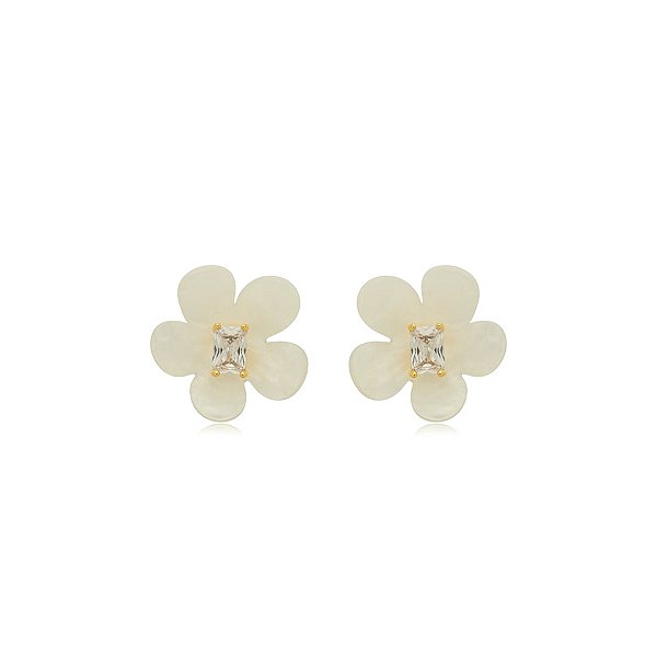Brinco flor madrepérola zircônia ouro semijoia BA 5734