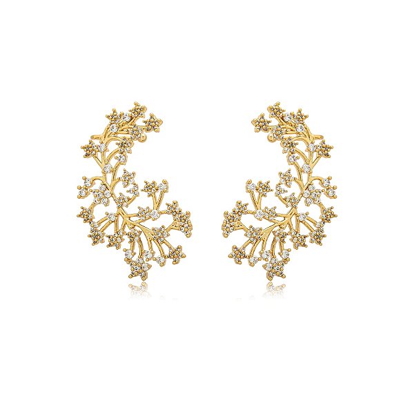 Brinco ear cuff flores zircônia ouro semijoia BA 5496