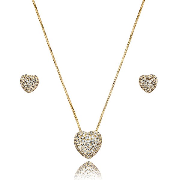 Colar e brinco coração zircônia ouro semijoia 24k04023