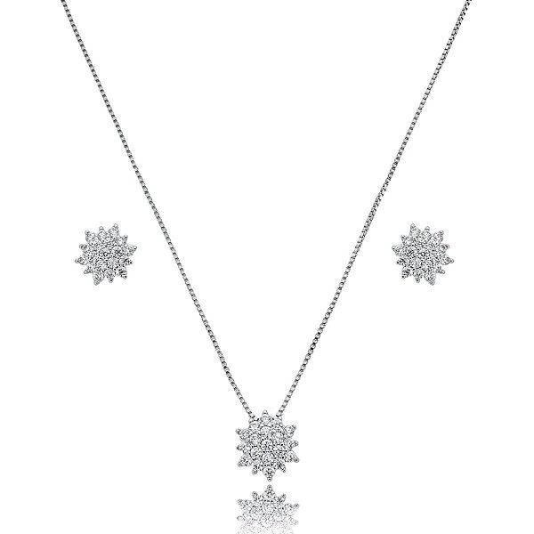 Colar e brinco flor zircônia ródio semijoia 24k03015