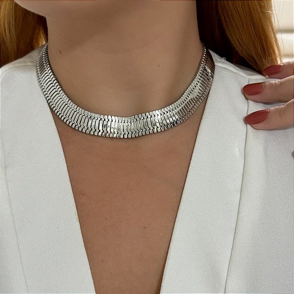 Colar choker malha grossa ródio semijoia