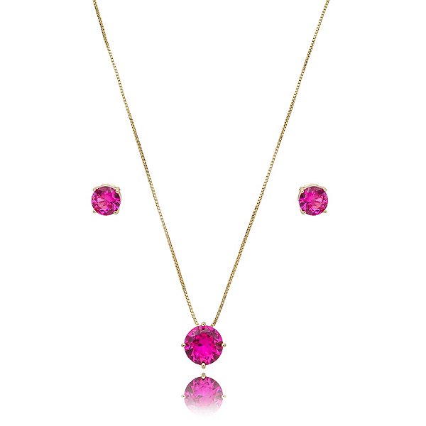 Colar e brinco redondo cristal pink ouro semijoia 3695