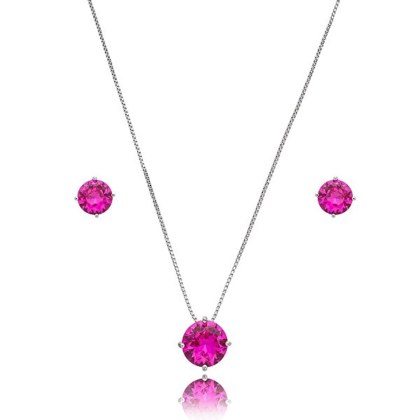 Colar e brinco redondo cristal pink ródio semijoia 3695