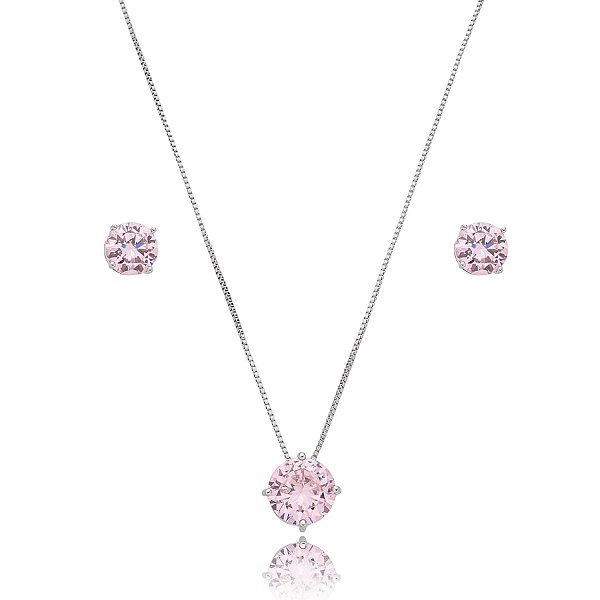 Colar e brinco redondo cristal rosa ródio semijoia 3695