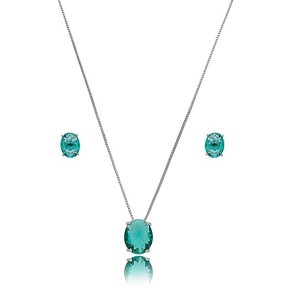 Colar e brinco oval cristal turmalina ródio semijoia 3697