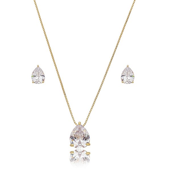 Colar e brinco gota cristal ouro semijoia 3696