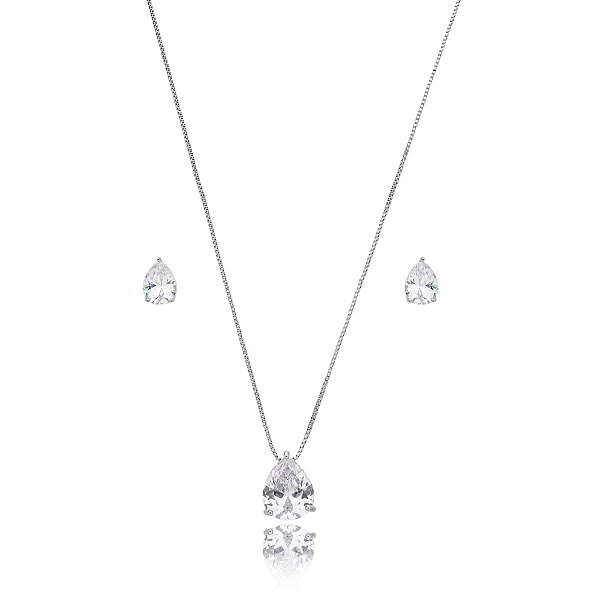 Colar e brinco gota cristal ródio semijoia 3696