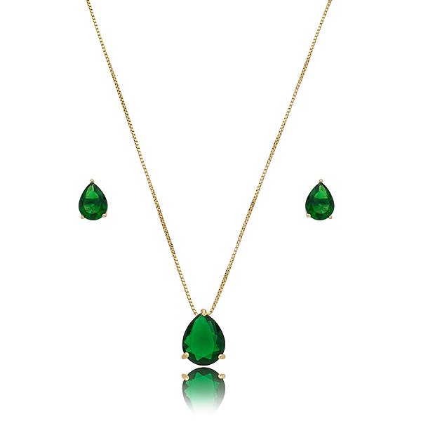 Colar e brinco gota cristal esmeralda ouro semijoia 3696