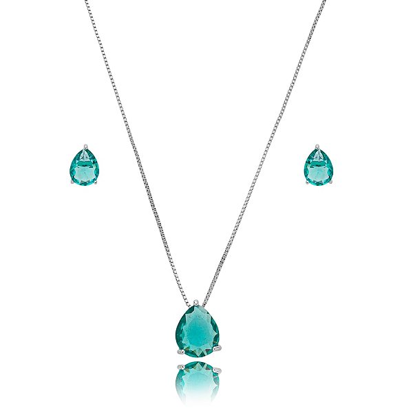 Colar e brinco gota cristal turmalina ródio semijoia 3696