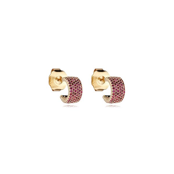 Brinco meia argolinha zircônia pink ouro semijoia 18071