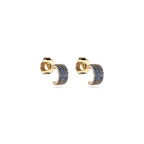Brinco meia argolinha zircônia azul ouro semijoia 18071