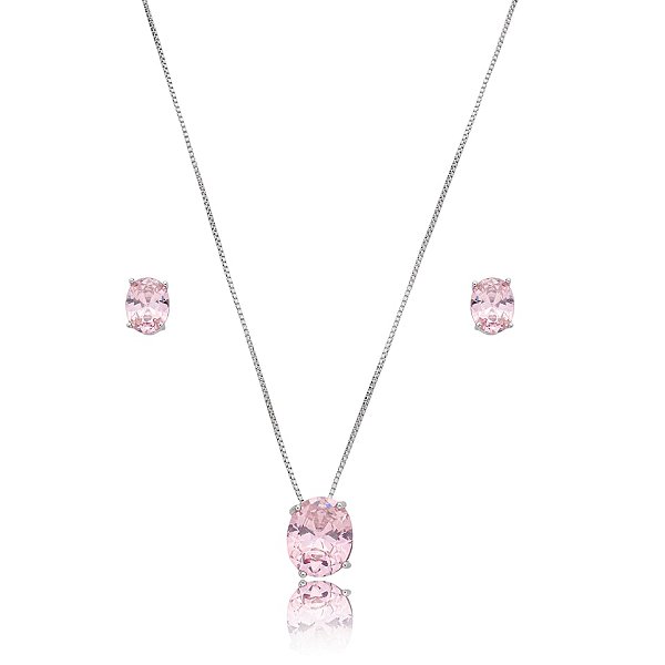 Colar e brinco oval cristal rosa ródio semijoia 3697