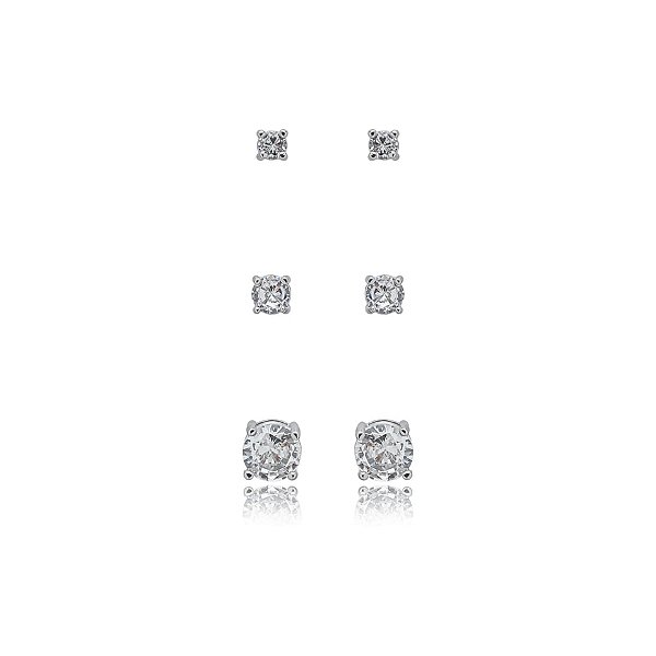 Kit 3 brincos ponto de luz zircônias ródio semijoia 24k04003