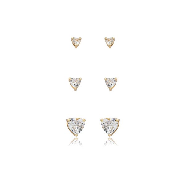 Kit 3 brincos coração zircônias ouro semijoia 24k04004