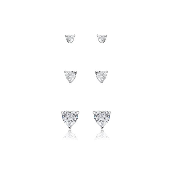 Kit 3 brincos coração zircônias ródio semijoia 24k04004