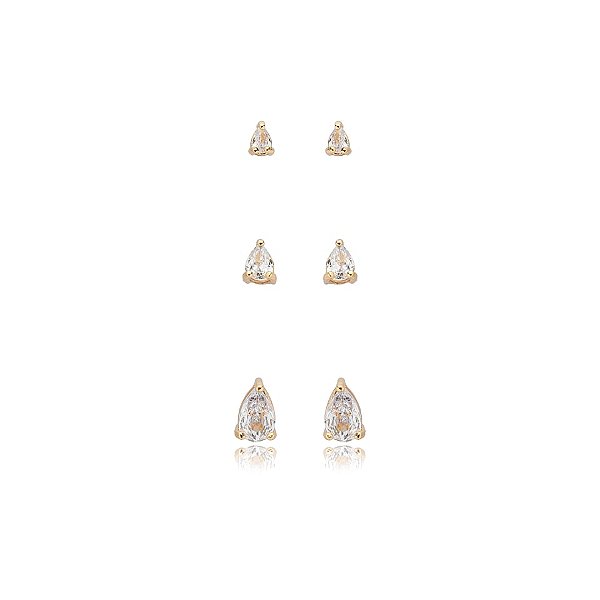 Kit 3 brincos gota zircônia ouro semijoia 24k04005