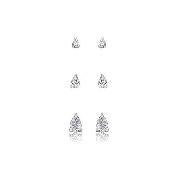 Kit 3 brincos gota zircônia ródio semijoia 24k04005
