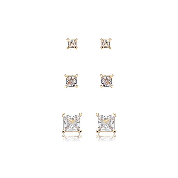 Kit 3 brincos quadrado zircônia ouro semijoia 24k04001
