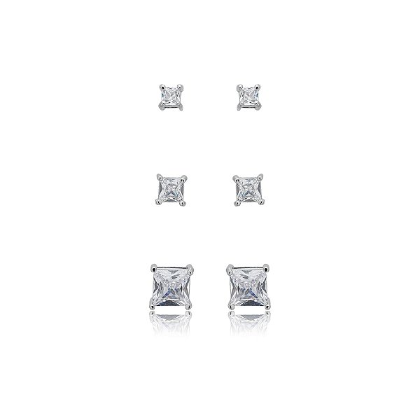 Kit 3 brincos quadrado zircônia ródio semijoia 24k04001